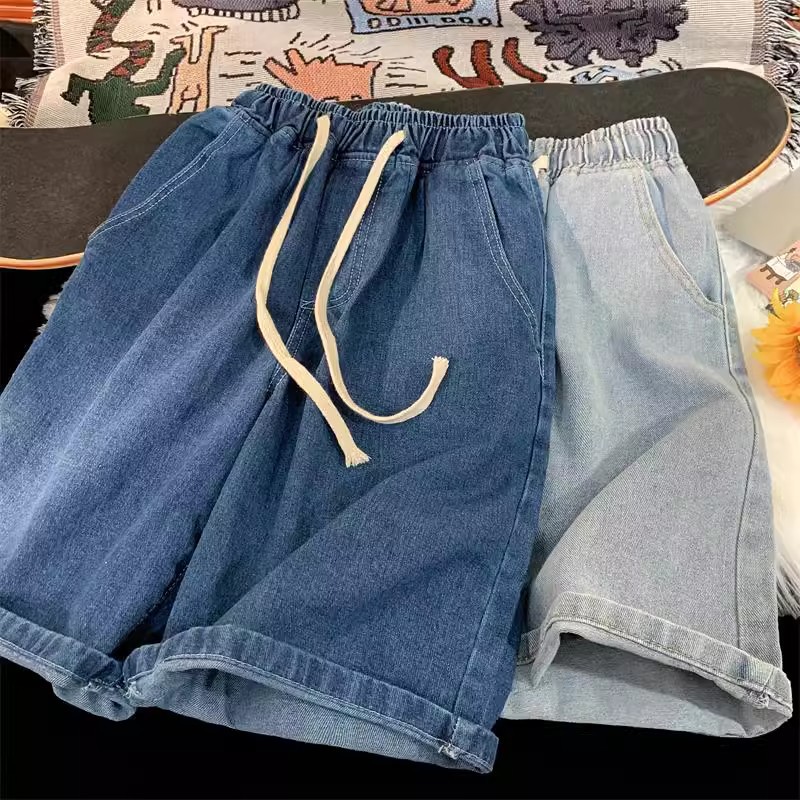 2025 Vintage Y2k men's black jeans, low waist casual wide pants, worn denim shorts, plus size clothes, solid color denim shorts