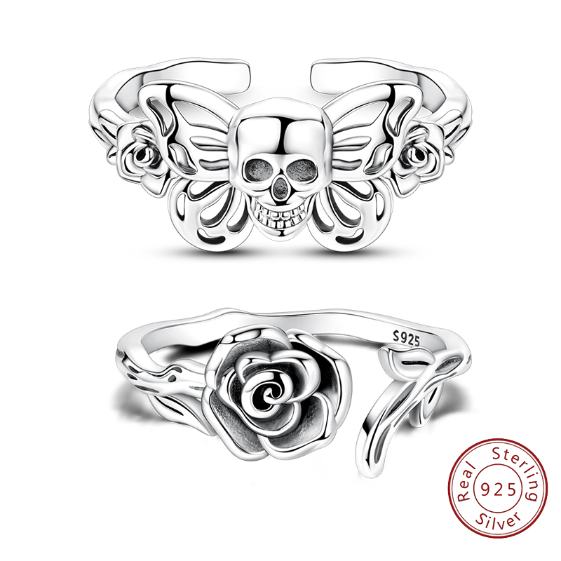 Couple's Rings Original 925 Sterling Silver Rings Skeleton Black Rose Adjustable Open Rings For Women Man Jewelry Festival Gifts