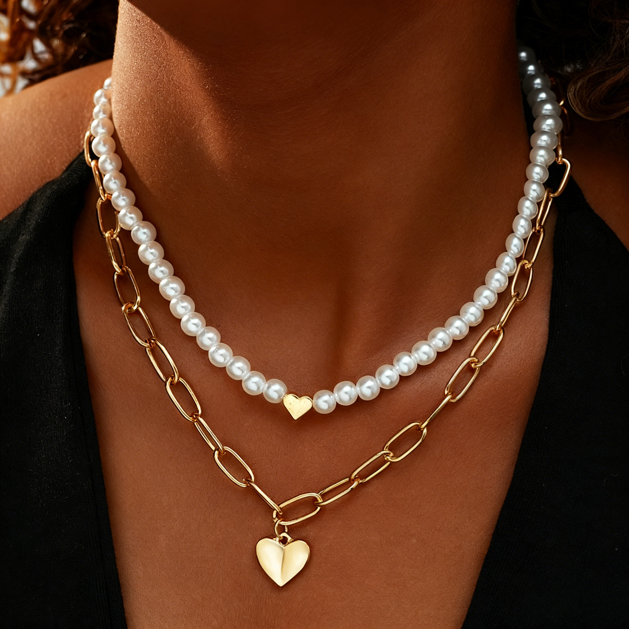 2 Pcs/Set Punk Gold Color Heart Pendant Necklace for Women Fashion Pearl Beaded Chain Choker Necklace Y2K Jewelry s 2026 New