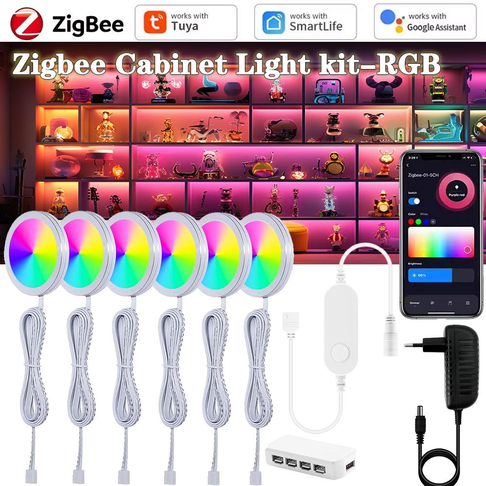 Tuya Zigbee DC12V RGB LED Under Cabinet Light Dimmable Puck Light Voice Control Festival Wardrobe Bedroom Kitchen Alexa