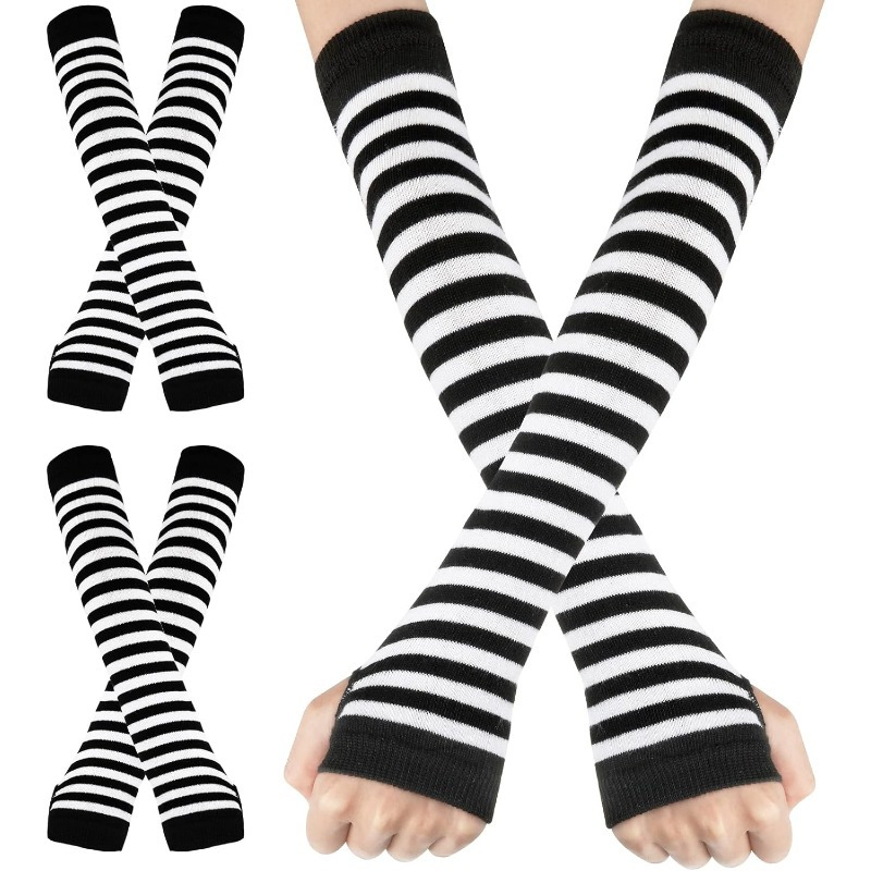 1 Pair Punk Striped Knitted Fingerless Gloves, Stretchy Warm Mid-Length Gloves, Hiphop Decor, Suitable For Boys & Girls