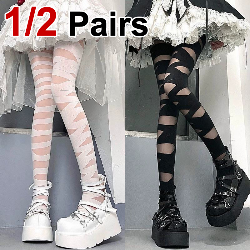 1/2 Pairs Women Slim Fit Cross Tie Pantyhose Fashionable Lolita Jk Style Summer Thin Breathable Striped silk Stockings