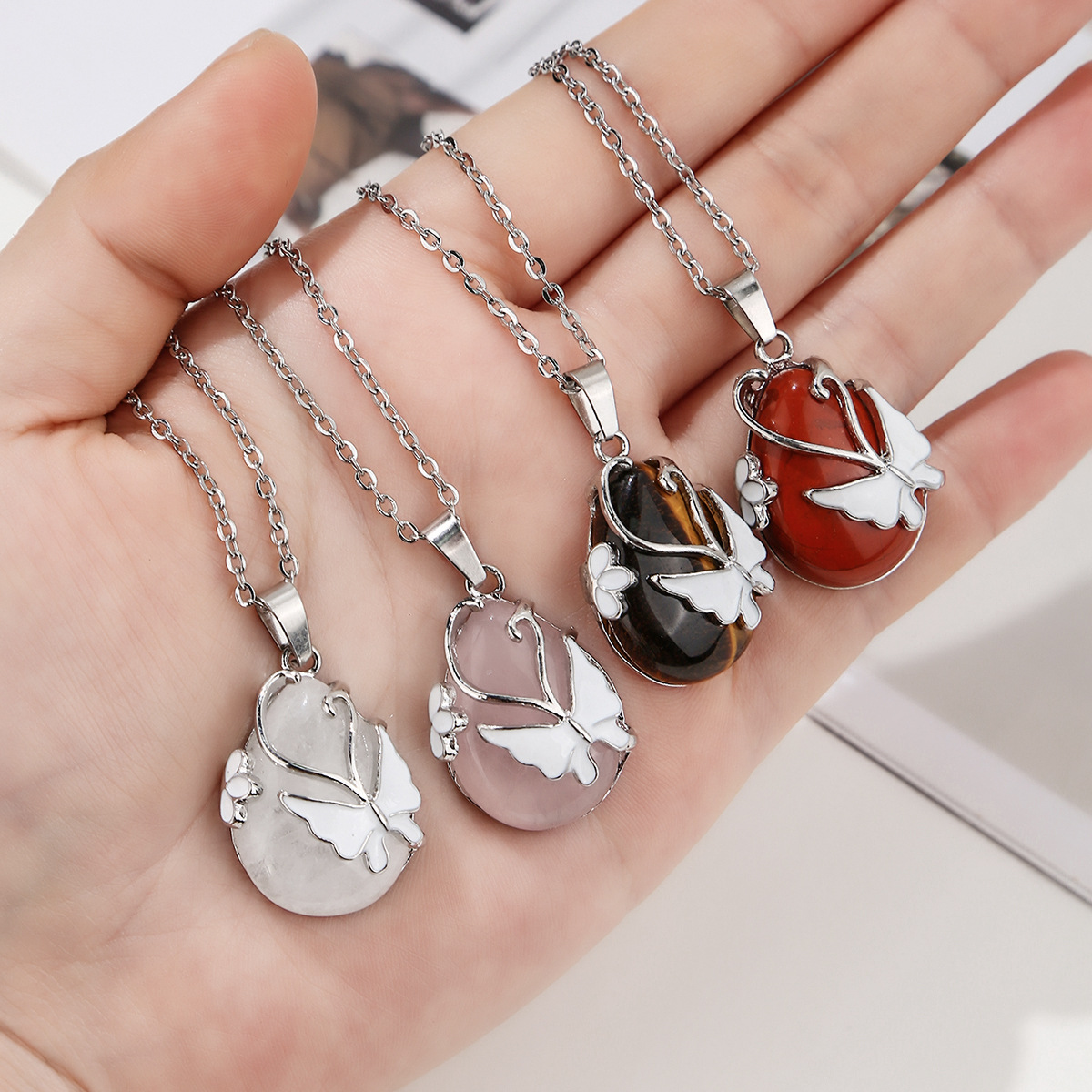 1pc Vintage Wire Wrap Butterfly Natural Stone Rose Quartz Amethyst Opal Healing Crystal Pendant Necklace
