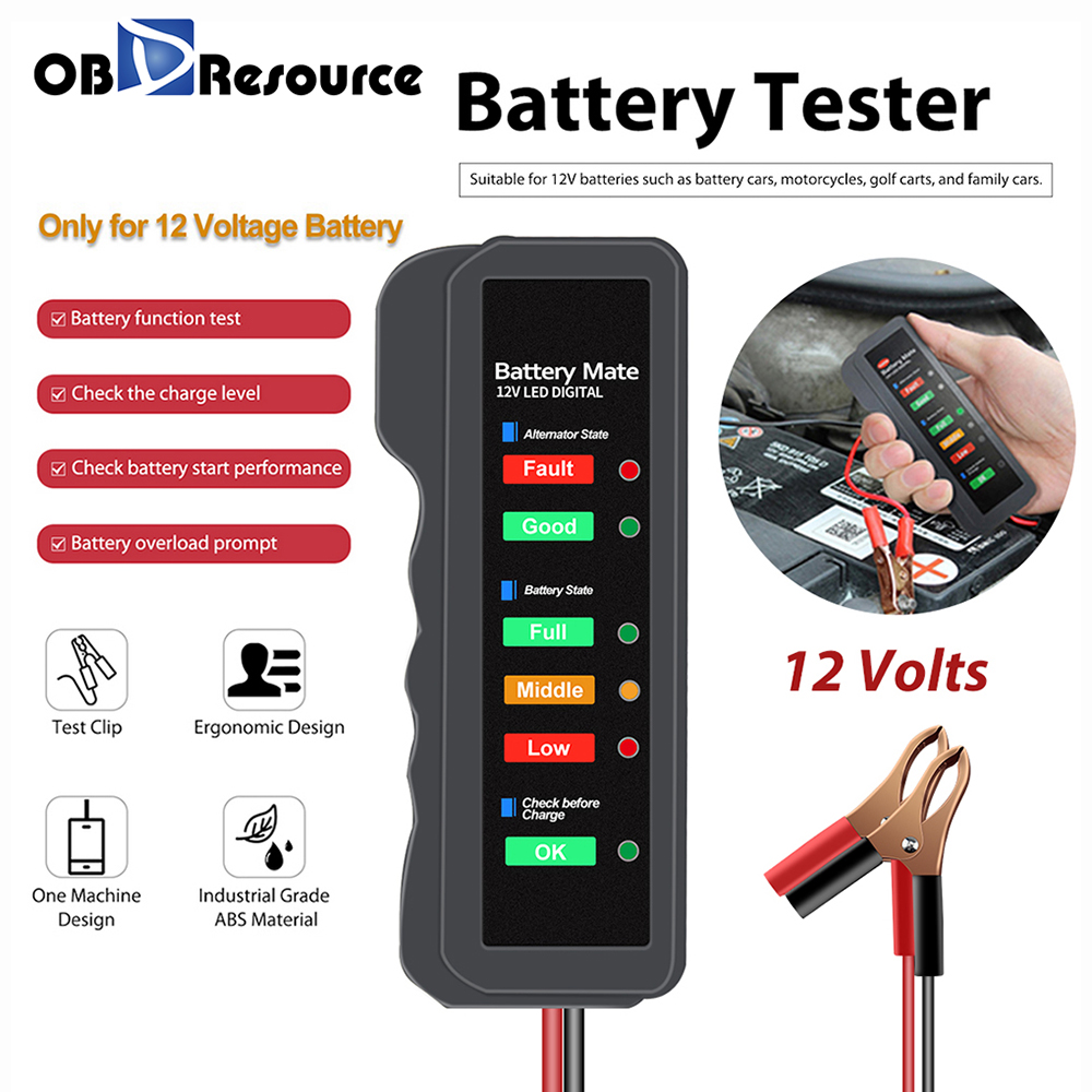 OBDResource Car Battery Tester 12V Automotive 6 LED Indicator Analyzer BM310 Car Alternator Voltage Checker Charging Test Tool