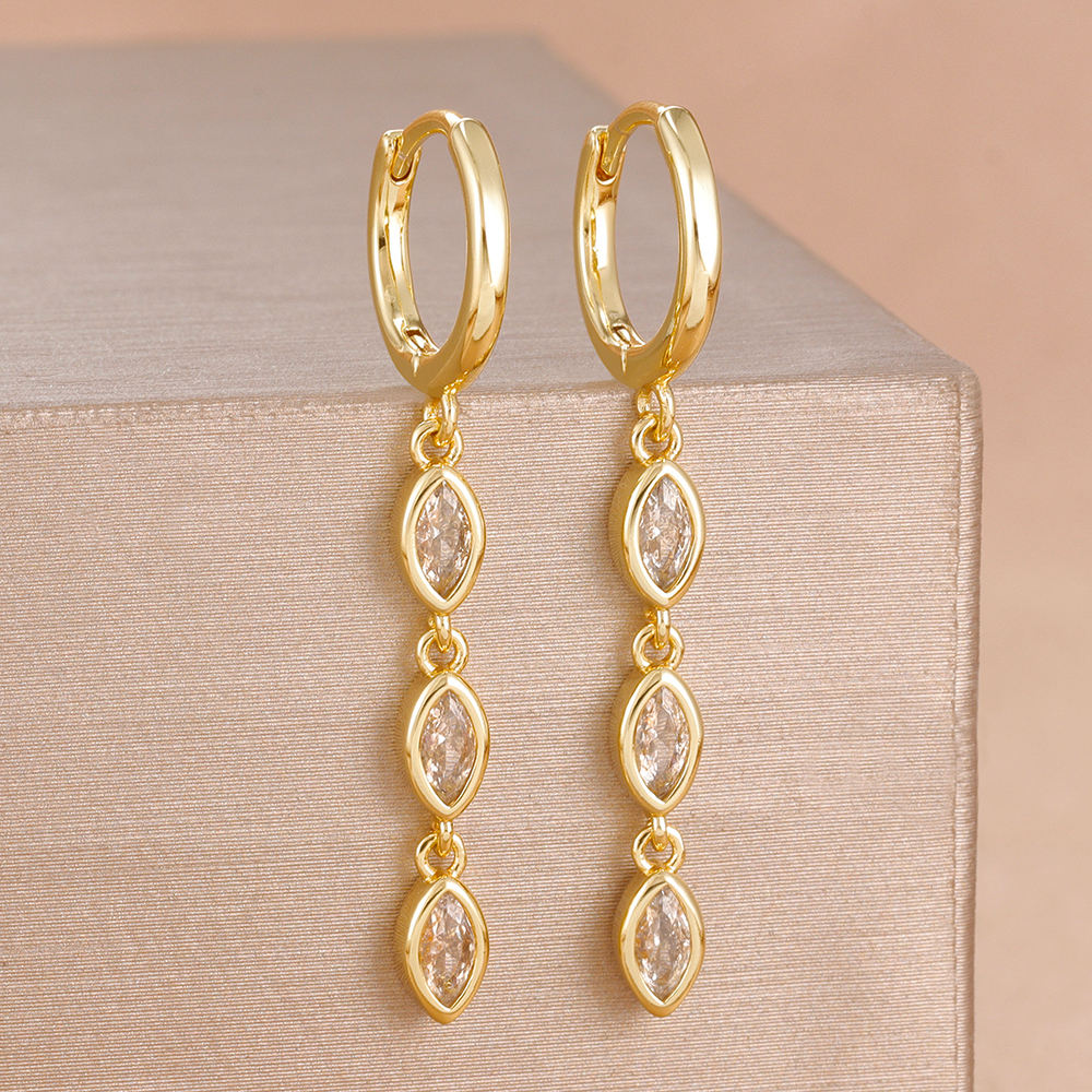 2PCS Fashion Cubic Zirconia Dangle Earring For Women Cute Gold Plated Long Chain Water Drop Earring Bridal Wedding Party