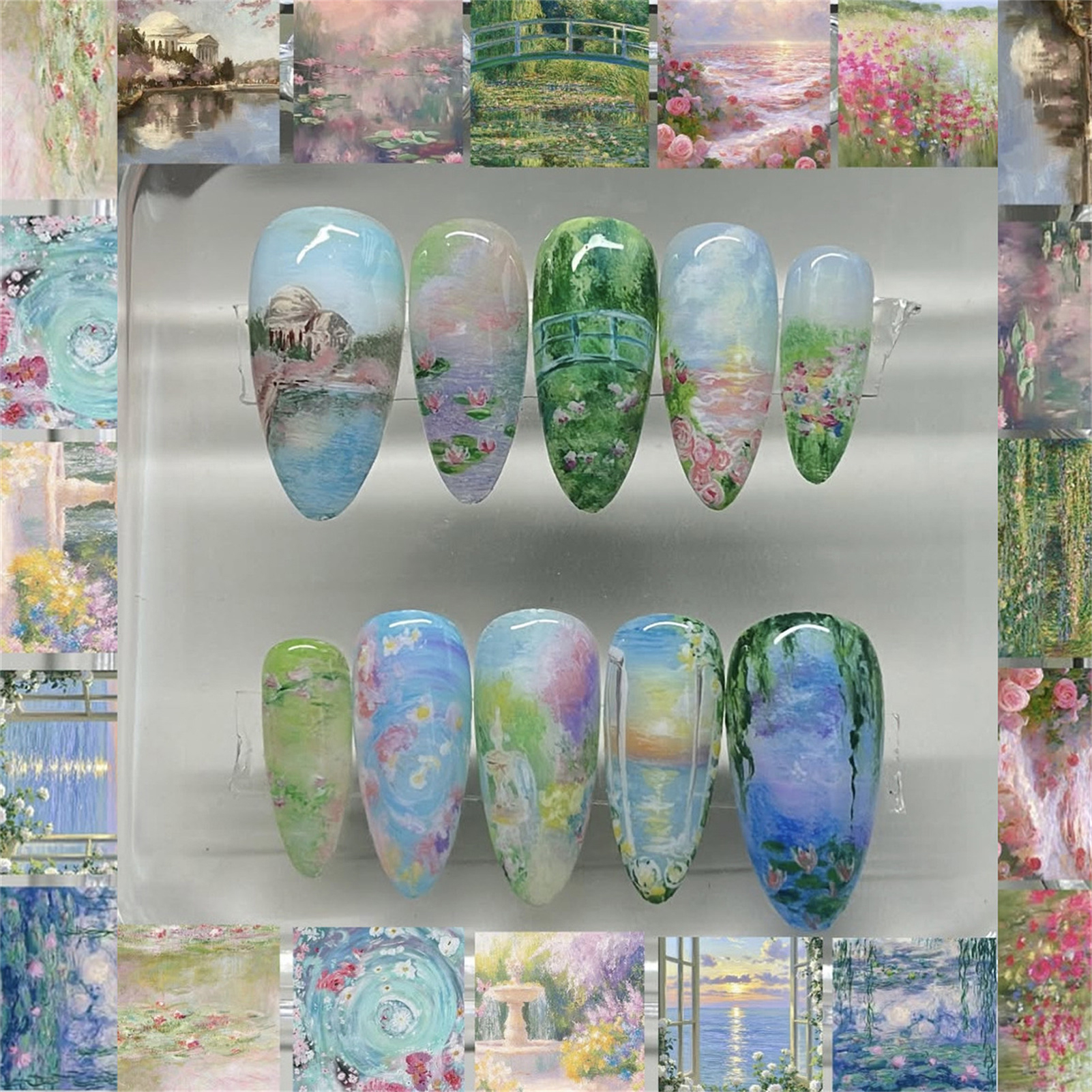24pcs Monet Garden False Nails Press On Nails Almond Wearable Pastoral Style Fake Nails With Oil Painting Fresh Flowers Designs