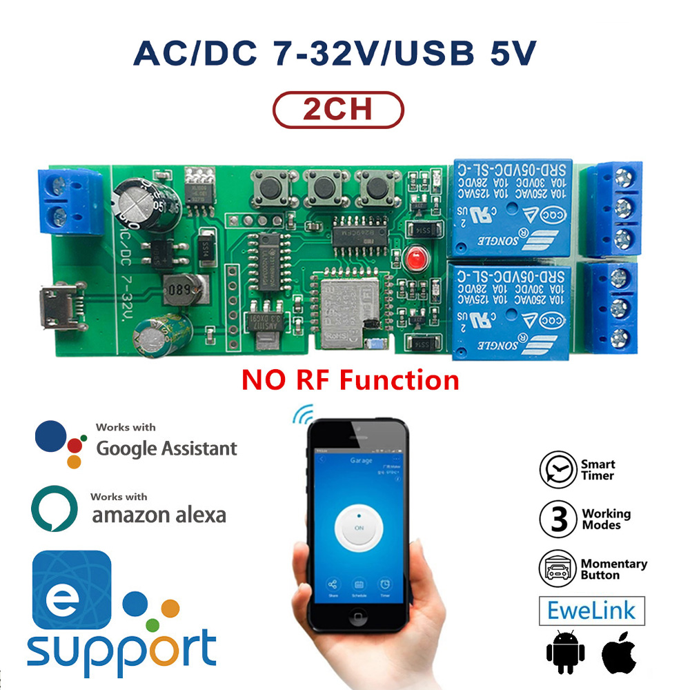 2CH Ewelink Smart Switch 2 Channel Wifi Relay Rolling Door Switch USB 5V DC 7-32V Motor Curtain Switch