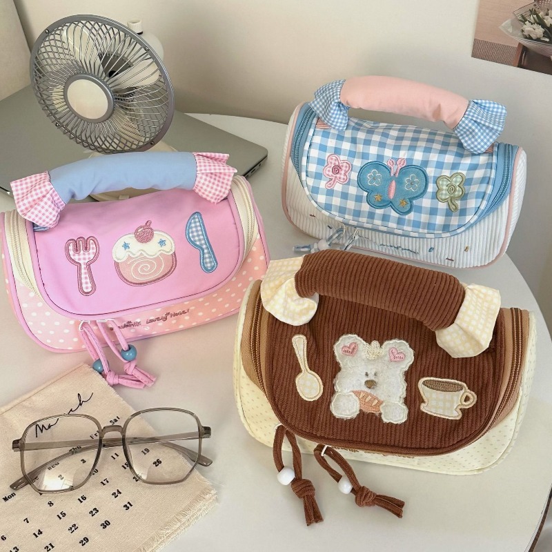 1pc Kawaii Cartoon Girls Teens Travel Makeup Bag Colorblock Cosmetic Bag Large Capacity Cute Aesthetic Stationery Organizer
