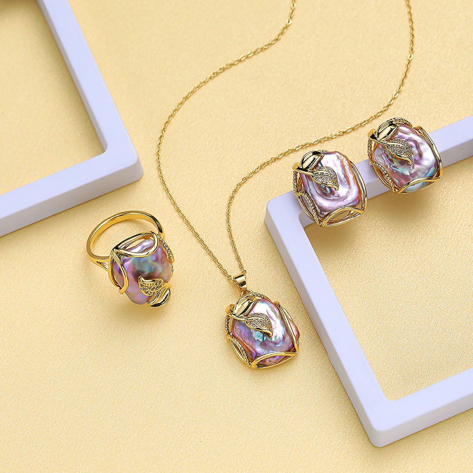 Natural Freshwater Pearl Necklace Sets Jewelry for Women Pendant Ring Earrings Baroque Purple Wedding/Party Sets Charm