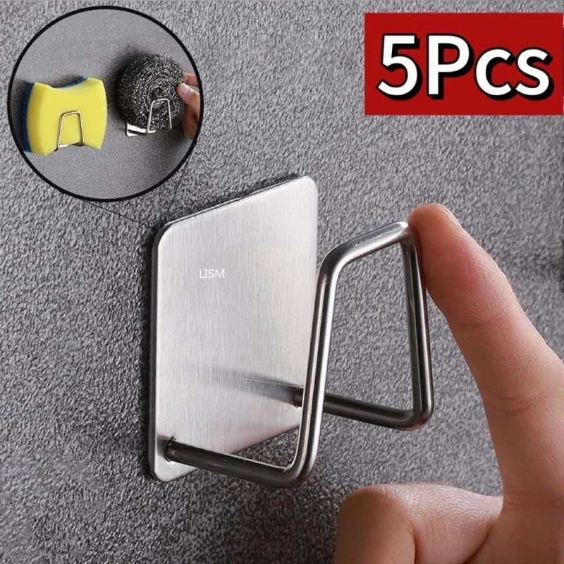 1PC/5pcs Kitchen Stainless Steel Sink Shelf Sponges Holders Adhesive Drain Drying Rack Wall Hooks Accessories Storage Organizer