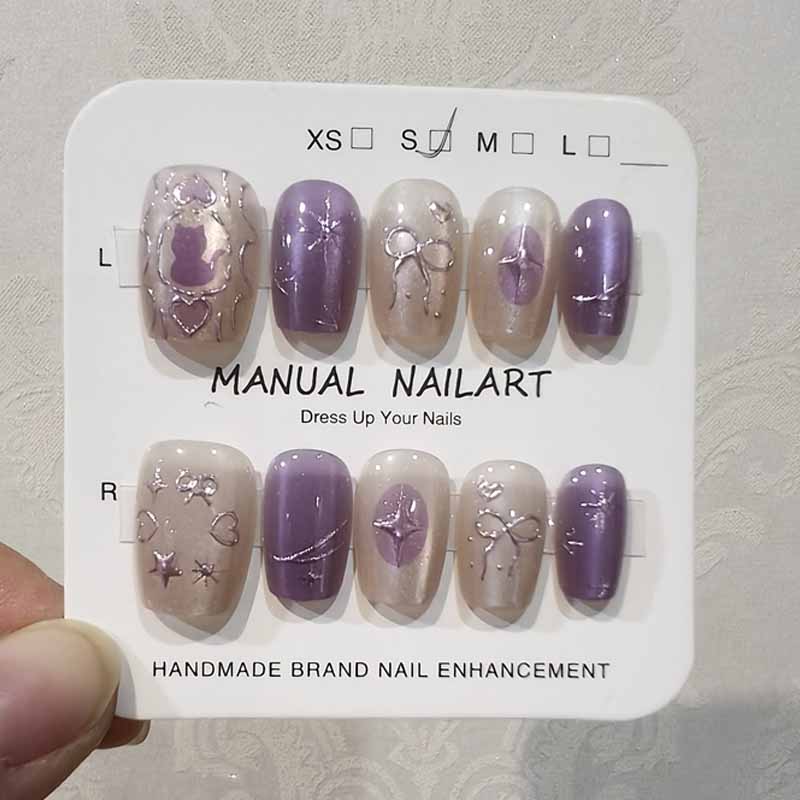 10 Pcs Ladies French Style Chic Gilding Handmade Press On Nails Cute Cat Love Bow Star Shaped 3D Cat Eyes Detachable Nail Art