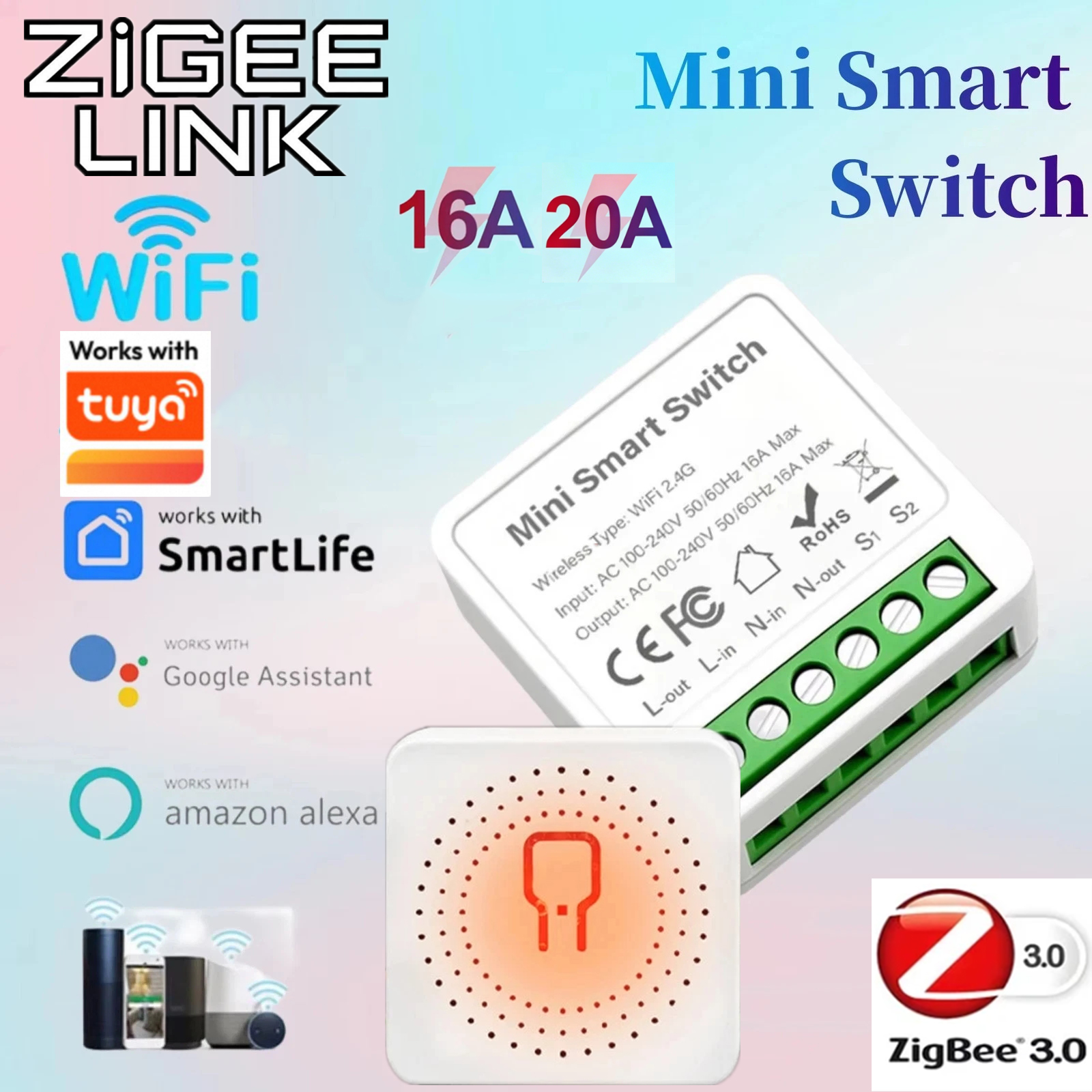 Tuya Mini 16A/20A Zigbee 3.0 WiFi Switch Module Relay 2-Way Control Smart Home Automation Module Interruptor for Alexa