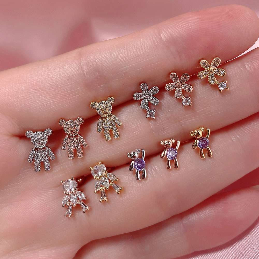 1Piece Fashion Sweet Crystal Flower Small Bear Stud Earrings Women Cute Animal Piercing Earring For Teen Girls Accessories