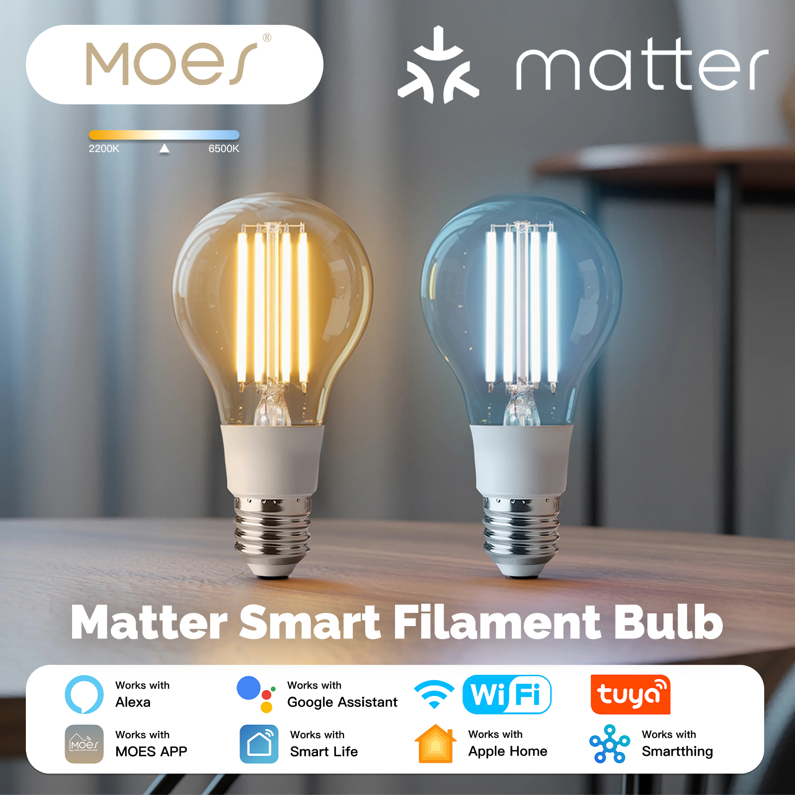 ​​MOES Smart Filament Bulb E27 7W Dimmable LED Light 806LM 2700K-6500K, Works with Alexa Home Tuya Matter