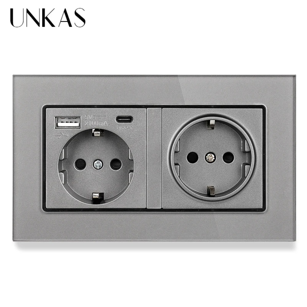 2 Gang EU Standard Wall Socket Luxury Crystal Glass Panel with USB Type-c Charge Port Hidden Soft LED Indicator 146 * 86 MM