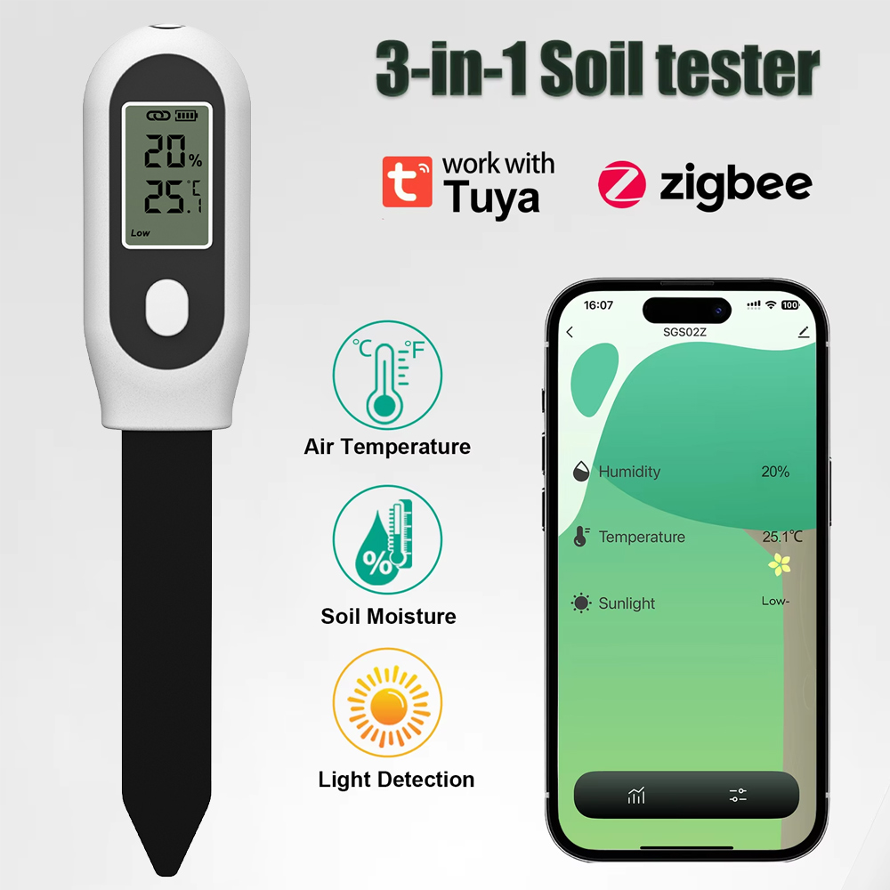 3 in 1 Soil Tester Sensor Humidity Temperature Sunlight Meter Tuya Zigbee APP Control Soil Moisture Meter for Garden Farm