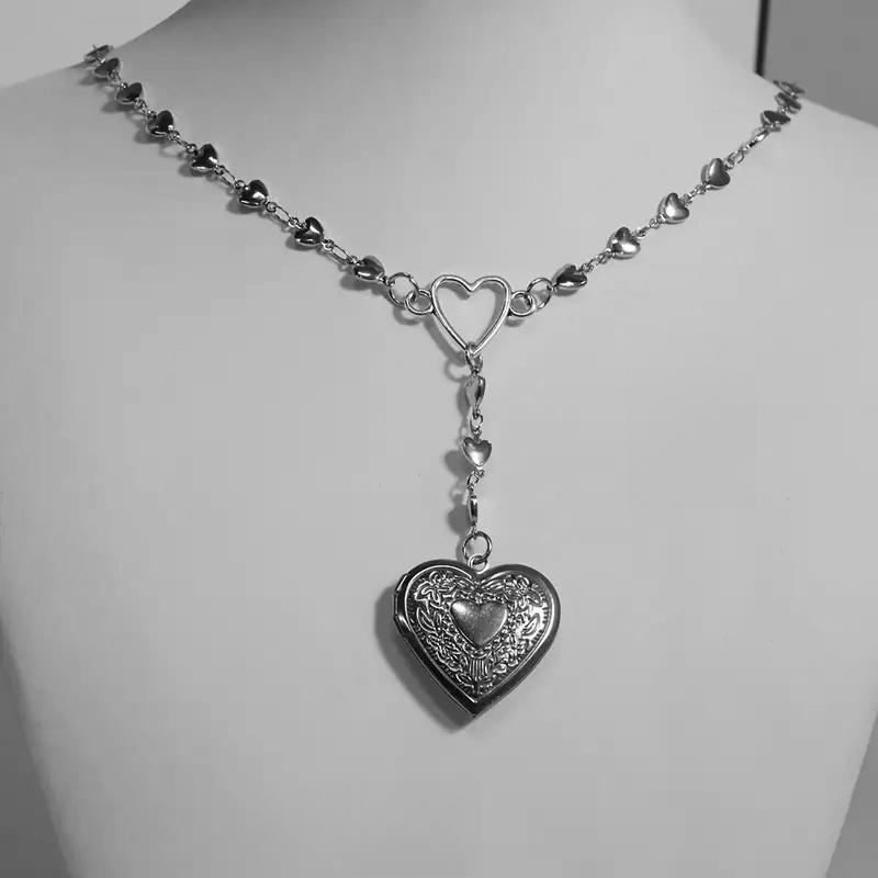 Y2k Goth Heart Photo Box Necklace Punk Bow Bat Heart-Shaped Beads Charms Chain Jewelry Accessories For Women Friends