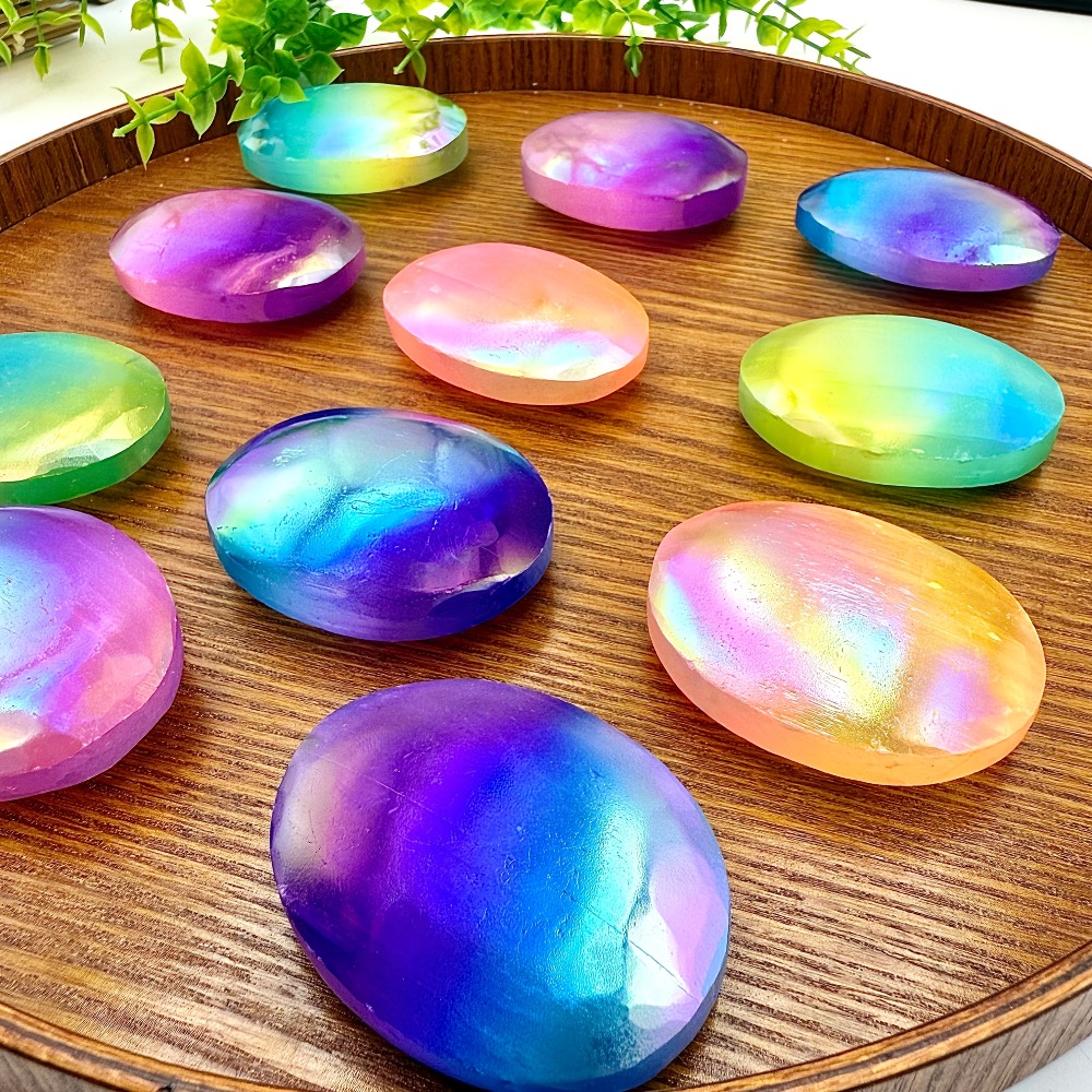 1pc Aura Selenite Palm Stone Iridescent Rainbow Color Carving for Home Decor Unique Holiday Gift for Friends Family