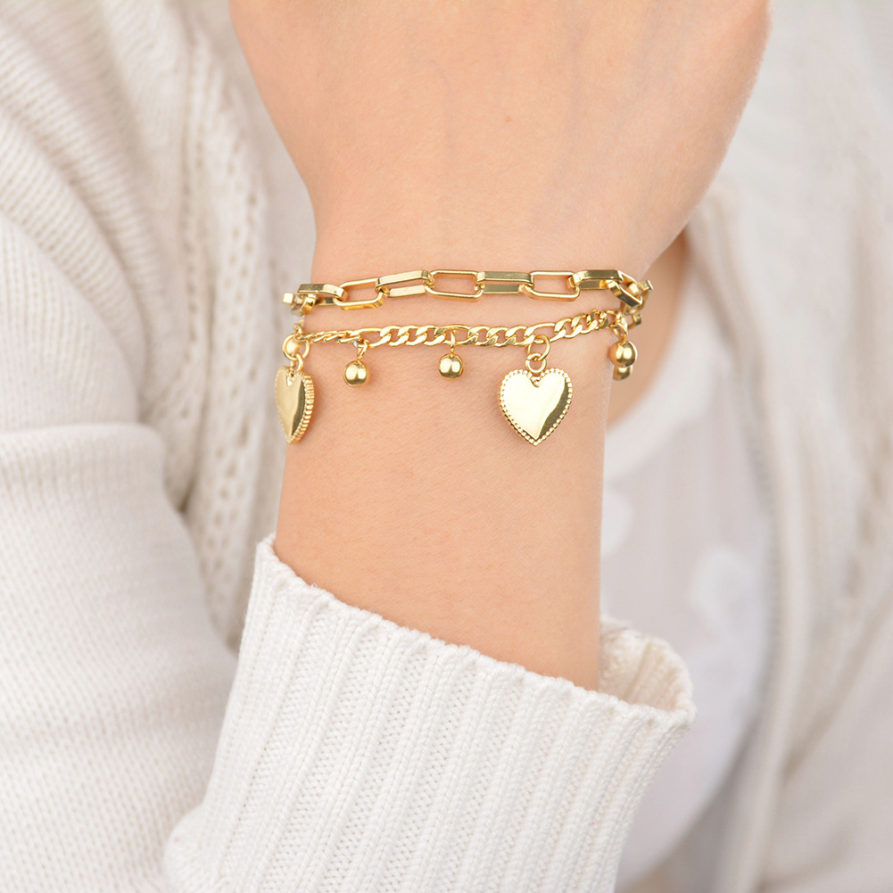 Kissmoon Fashion Double Heart Bracelet for Womem Stainless Steel Trendy Two Heart Bracelet Birthday DIY Jewelry Accessories