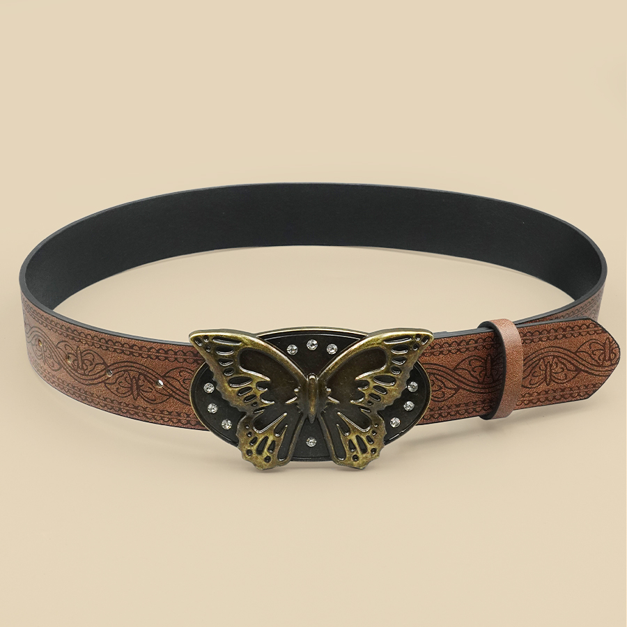 Brown Street Punk Retro Butterfly Belt - Rhinestone Butterfly Buckle, Classic & Versatile for Daily & Holiday Wear