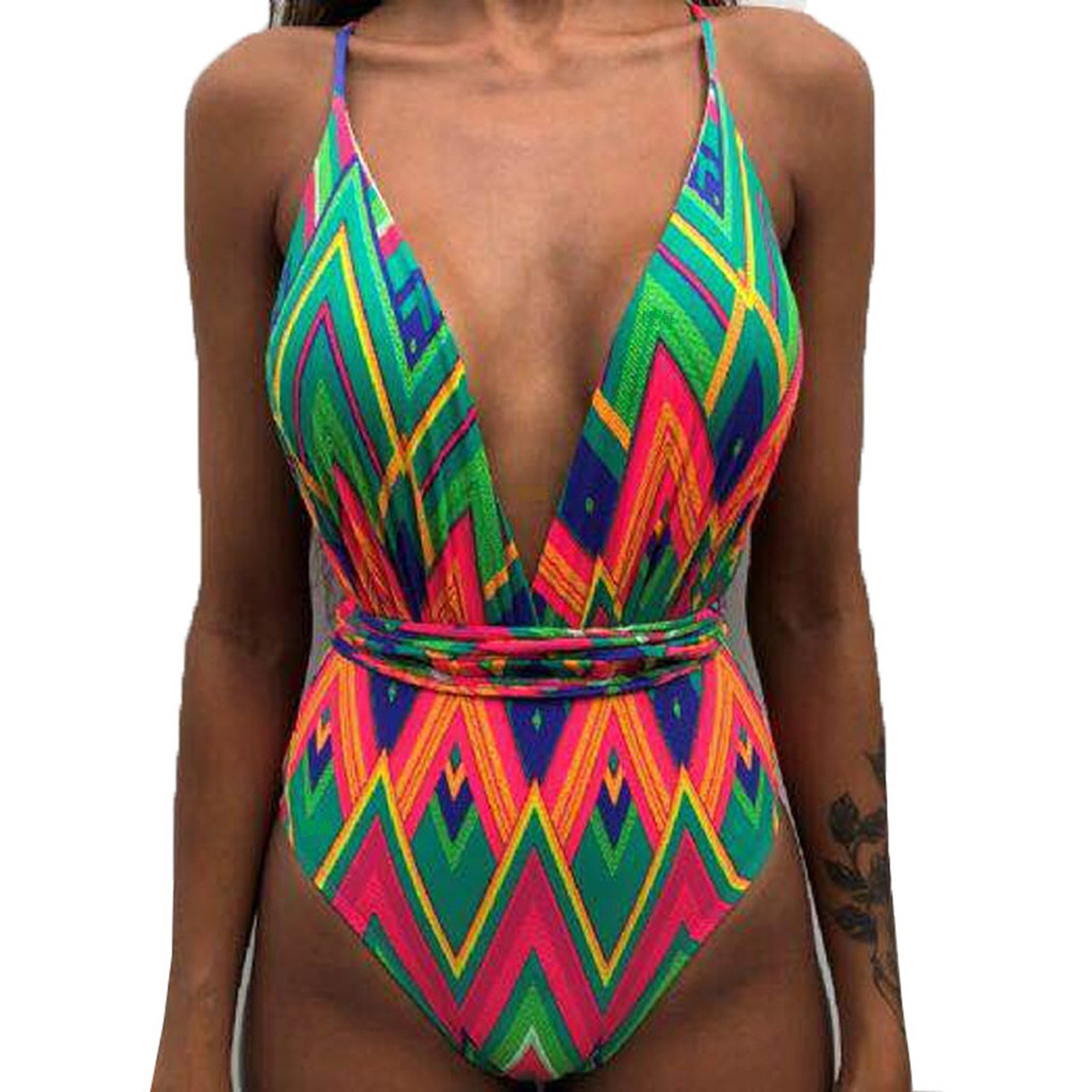 2024 Deep V-Neck Printed One-Piece Swimsuit Women'S Green Fashion Swimwear Monokini Luxury Bathing Suit Beachwear