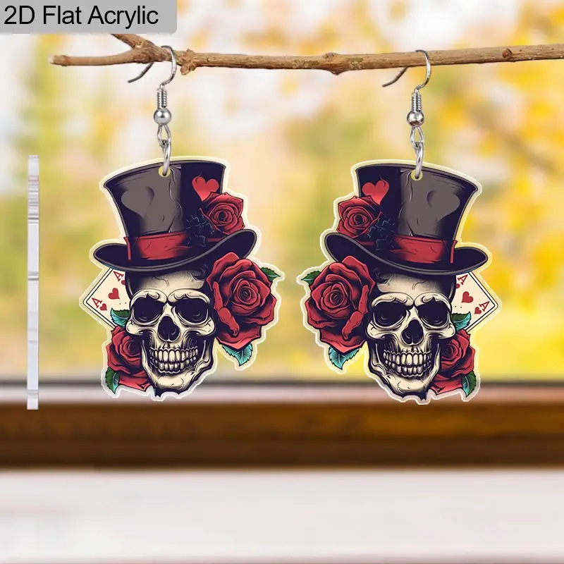 1 pair of acrylic flat Halloween personality horror red rose skull cross purple rose lady student earrings holiday gift
