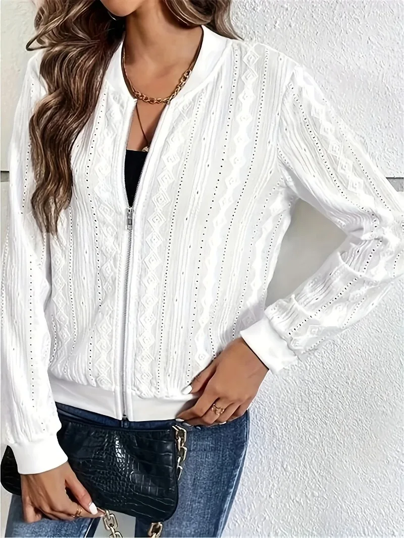 Plus Size 1XL-5XL Spring and Autumn New Women's Casual Coat Zipper Versatile Jacket Solid Color Hollow Pattern Top