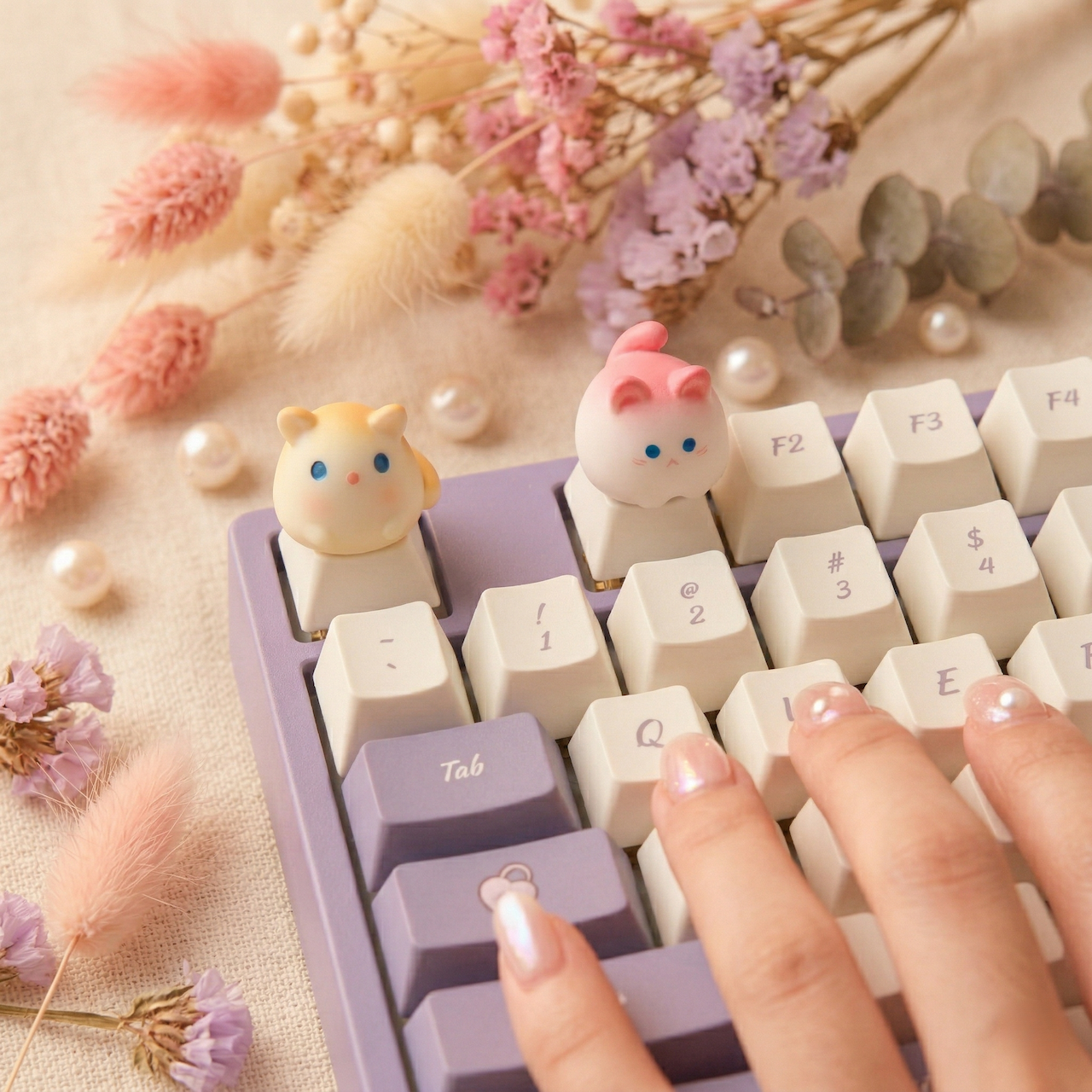 Cute Cat Hamster Keycap Set Pink Yellow Animal Keyboard Caps for Mechanical Gaming Keyboard Kawaii Desk Accessories