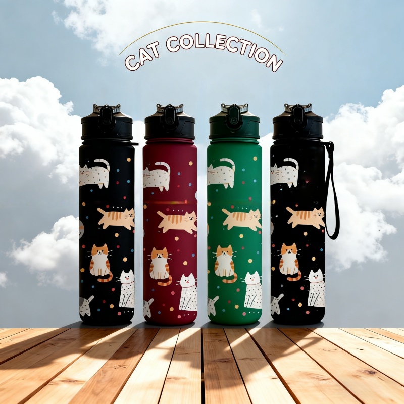 3D Printed Cute Cartoon Cat Pattern Water Bottle - Colorful, Innovative, Leak-Proof, Matte Finish Body, Fade-Resistant, 750ml