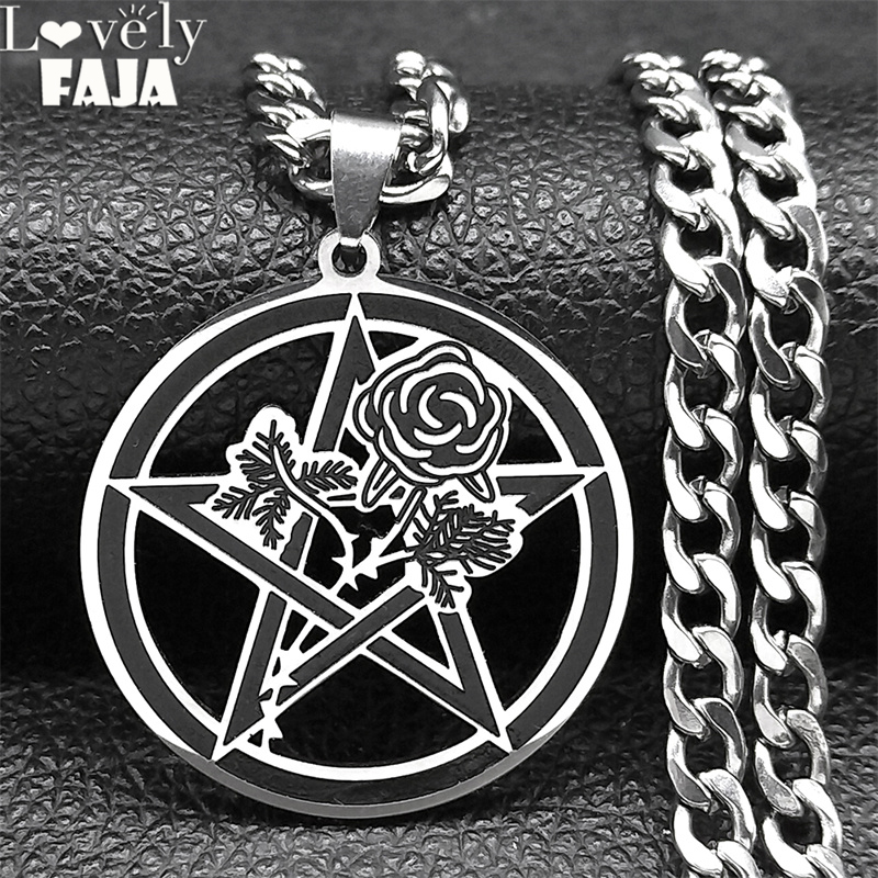Goth Black Rose Flower Pentagram Pendant Necklace Women Men Stainless Steel Silver Color Vintage Pagan Necklaces Jewelry N9626