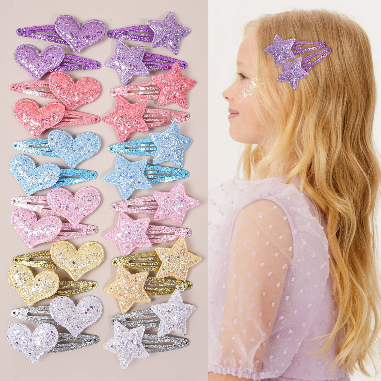 12/24pcs Glitter Sequin Star Heart BB Clips For Girls Cute Solid Color Barrettes For Kids Women Party Daily Hair Accessories