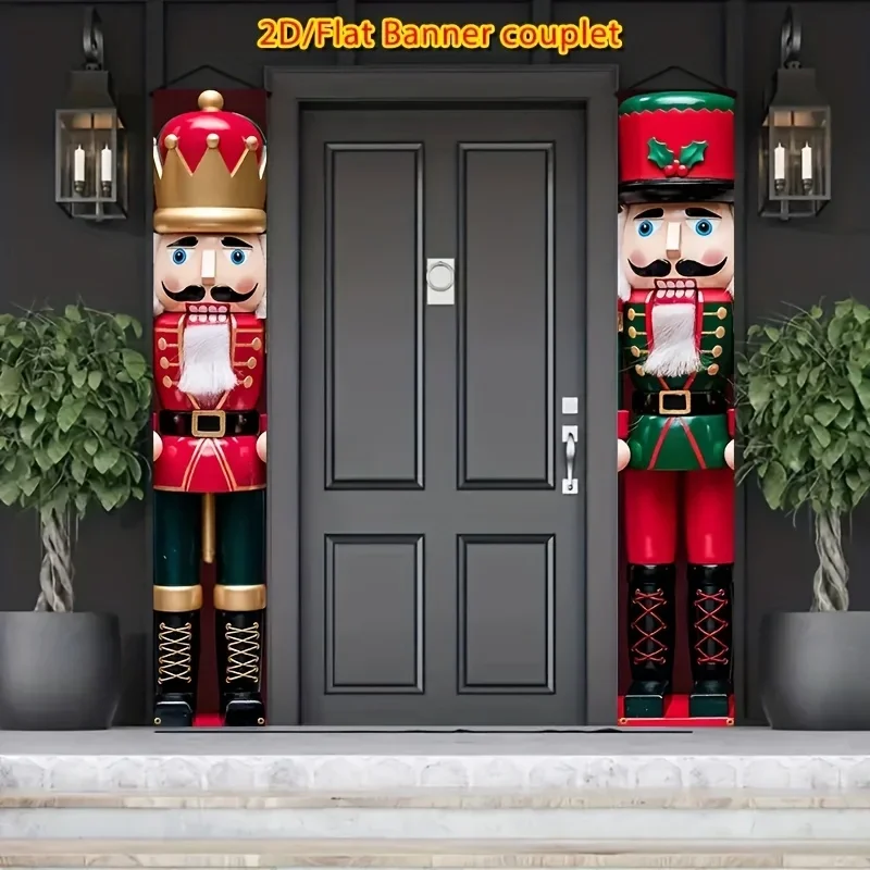 1 Pair Giant Nutcracker Flag Banner Red Green Christmas Door Hanging Durable Polyester Outdoor Holiday Decor Easy Install Banner