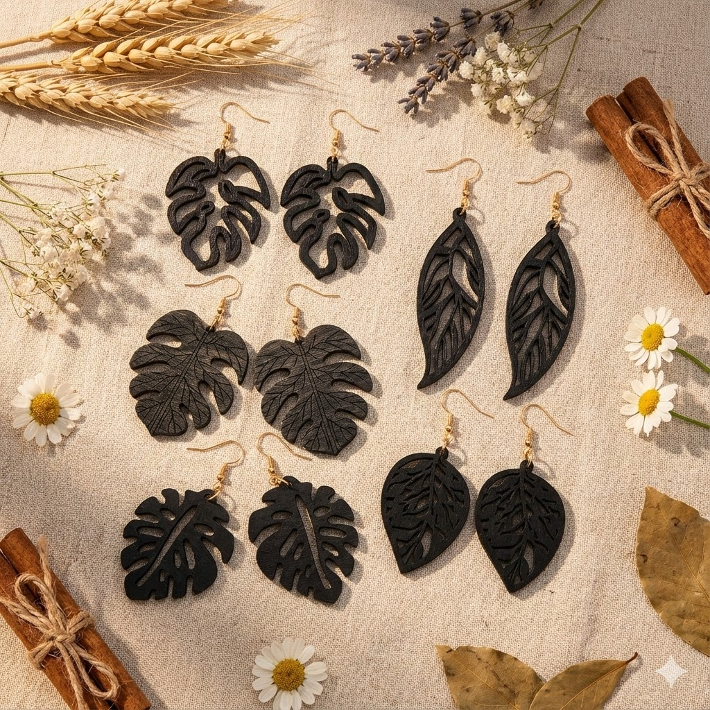 5 Pairs of Women's Fashionable Wooden Earrings, Bohemian Pastoral Style, Black Hollow Leaf Shape, Wooden, Suitable for Vacation and Daily Wear, Holiday