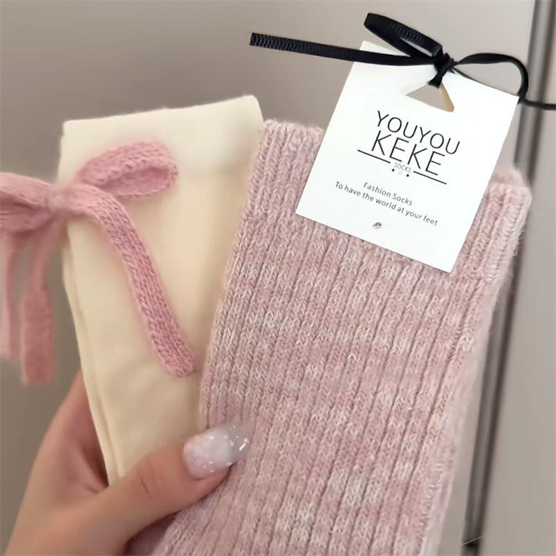 1Pairs Korean Style Sweet Bow Love Socks Autumn Winter Warm Socks Women's Mid-calf Versatile Simple Socks Fair Isle Sock Gift