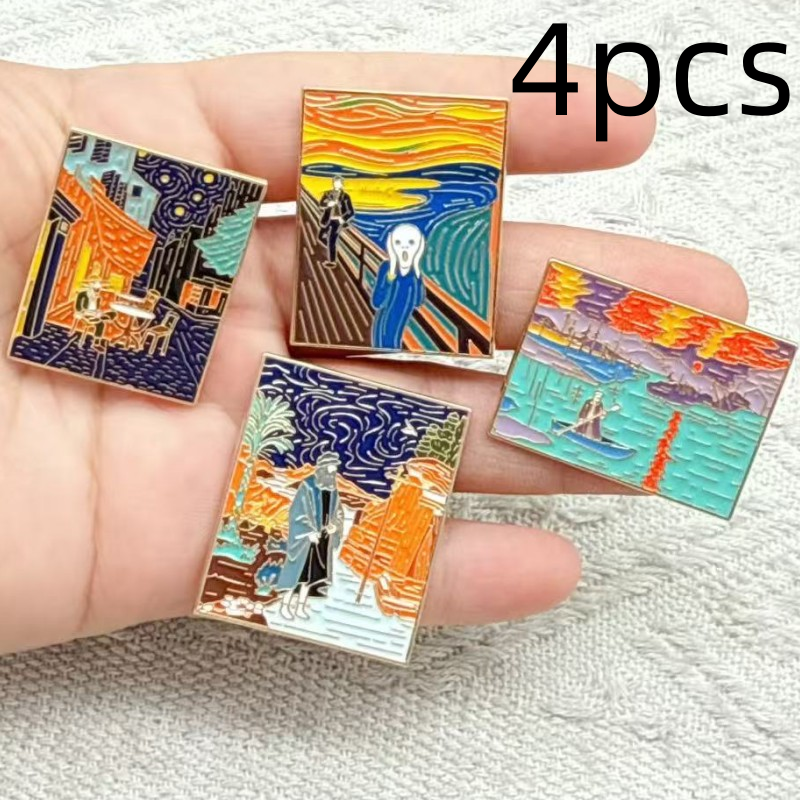 4pcs Oil Painting Enamel Lapel Badges Van Gogh Art Brooch Sky Moon Wave Creative Metal Pin Jewelry Backpack Accessories