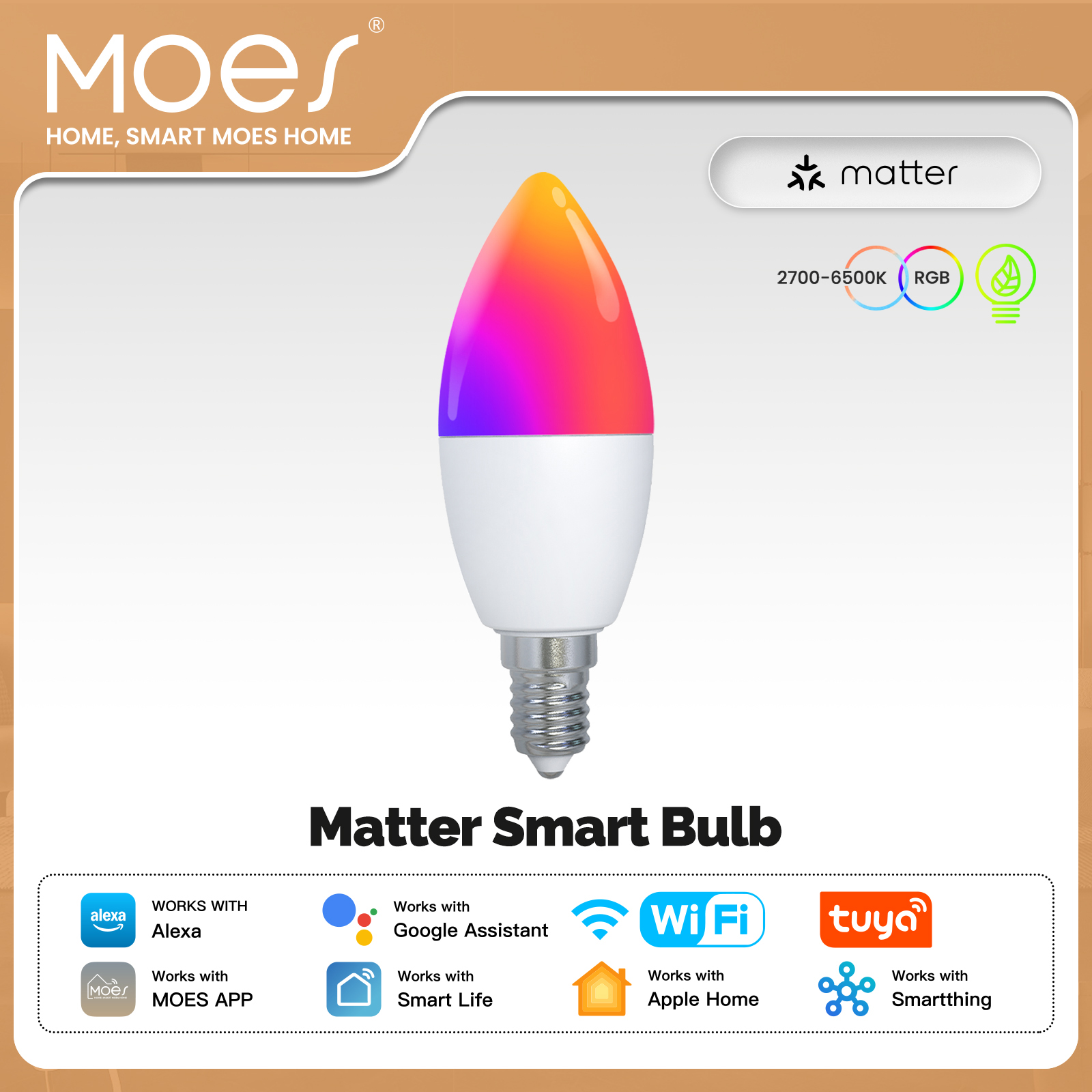 MOES Tuya Matter WiFi Smart Bulb Dimmable LED 16M RGB Colors E14 Candle Lamp Voice Control Works with Alexa Home