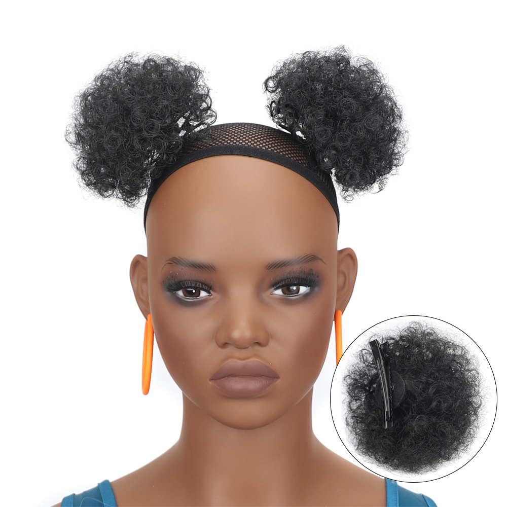 Kids Synthetic Afro Puff Hair Bun with Clips Short Kinky Curly Ponytail Extension Little Girls Clip on Hairpiece