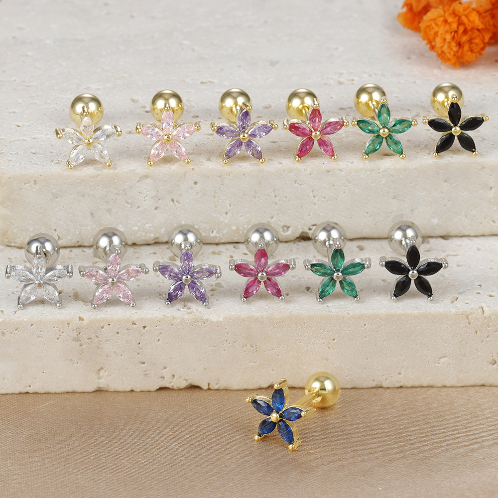 1pc Cute Five Petals Flower Stainless Steel Colour Zircon Screw Back Stud Earrings For Women Wedding Piercing Jewelry