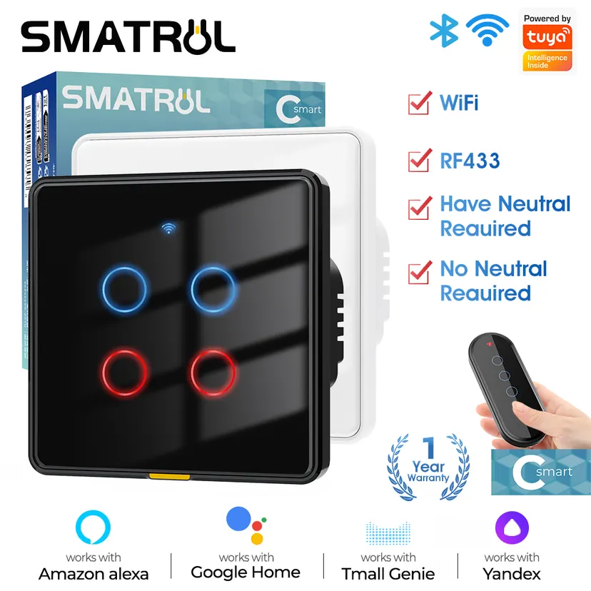 SMATRUL Tuya Smart Home WiFi RF433 EU Wall Light Touch Switch No Neutral Wire 110-240V Timing Voice App For Alexa, Home