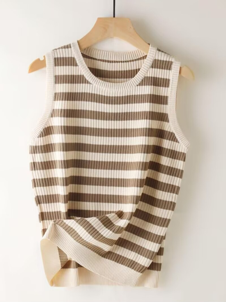 Knitted Bottom Vest Stripe Color Blocking Women Tank Top Summer 2026 Outfits Tight Camisole Sleeveless Top for Outerwear