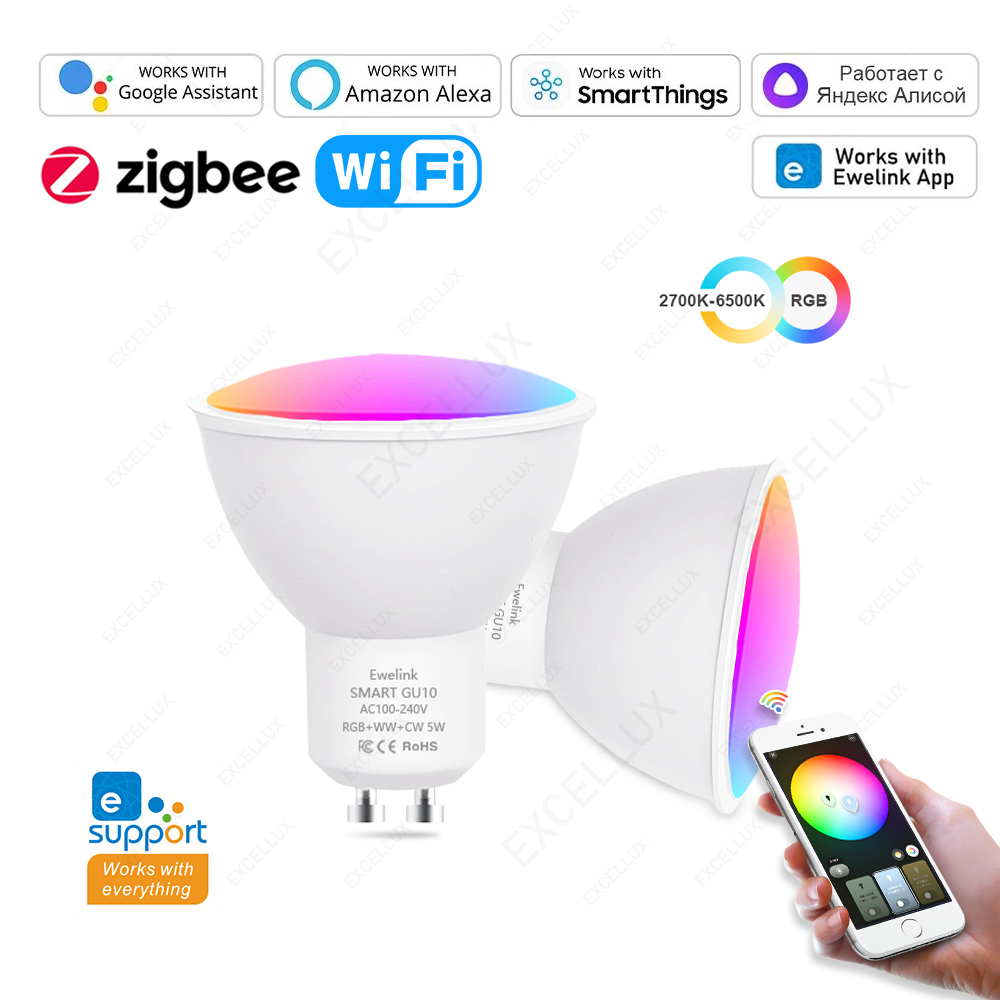 MOES Tuya ZigBee/WiFi GU10 Smart LED Bulb RGB+C+W White Dimmable Lamp Smart Life App Control Voice Alexa