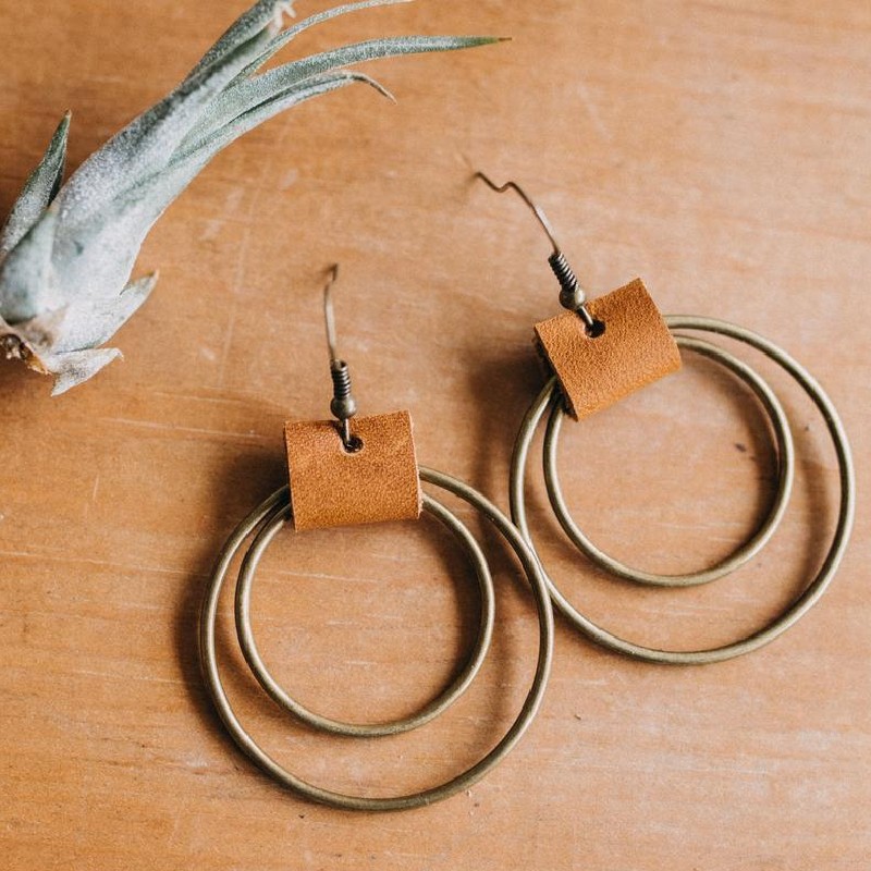 1Pair, Vintage Bohemian Earring Bronze Circle Leather Earrings Round Drop Earrings for Women Daily Decoration Festivals Jewelry