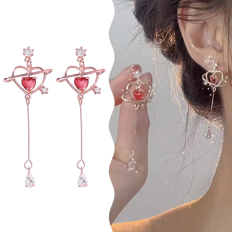 1Pair Fashion Sweet Exquisite Heart Tassel Earrings For Women Girls Elegant Temperament Drop Earring Party Jewelry