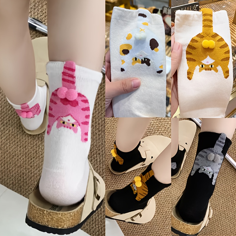 Cute Cartoon Cat Egg Couple Socks Cozy Mid-Calf for Maternity 3D Cat Egg Balls Unique Design Present for Cat Lovers