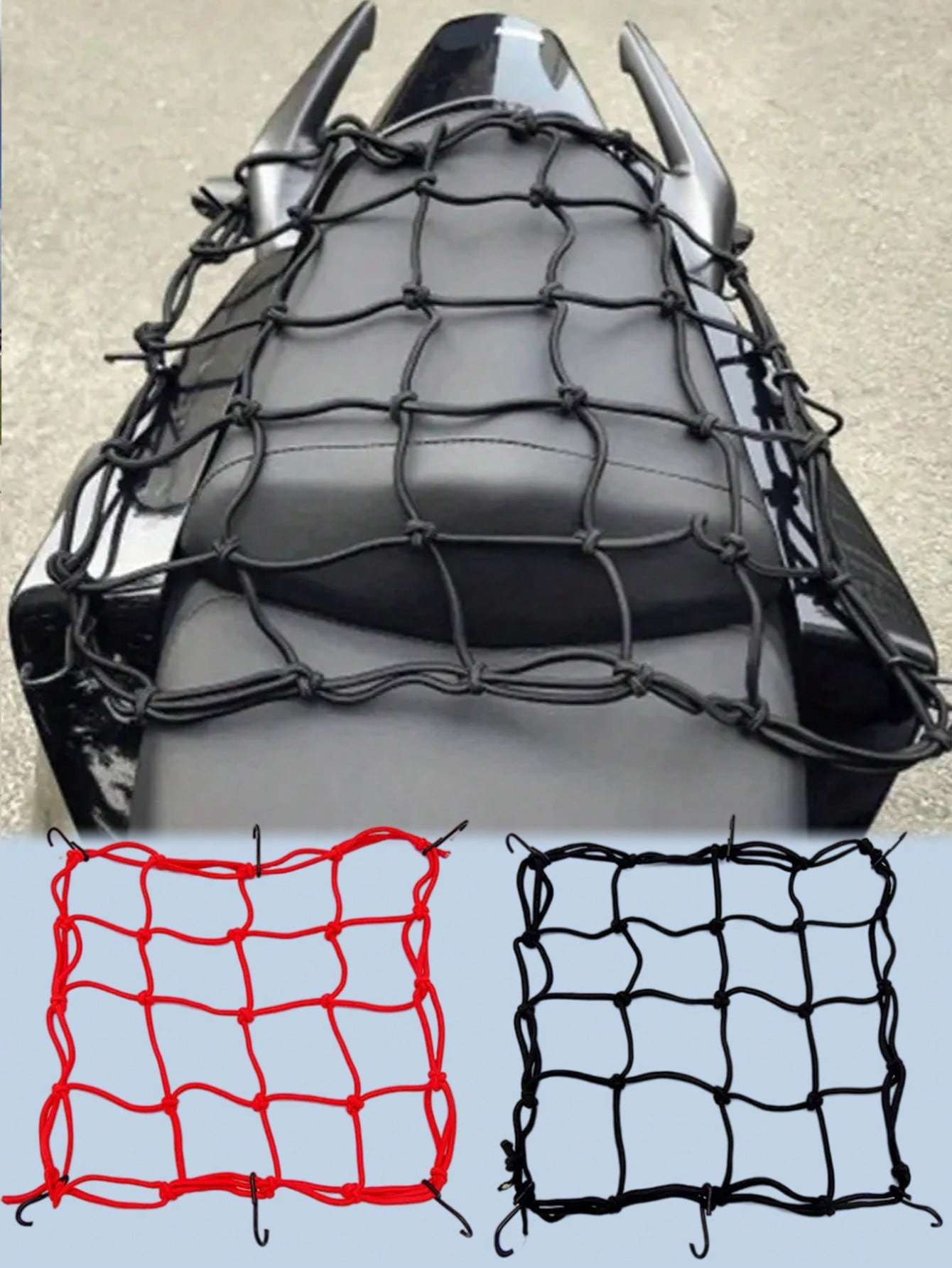 30x30cm Elastic Cargo Net (W/Hooks), Durable Stretch Mesh, Fits Motorcycle/Bike/Electric Scooter (Rear Seat/Tank), Fuel Tank Net