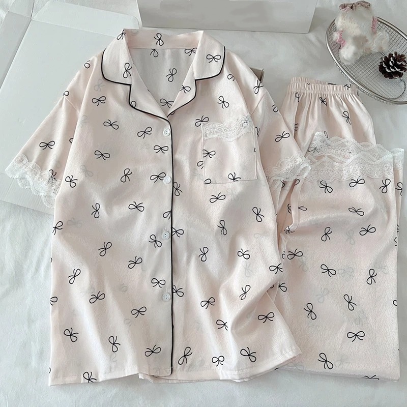 Sweet Bow Dtie Print Women's Pajamas Set Lace Design 2026 Summer New Pajamas Set Harajuku Style Casual New Sleepwear HomeWear