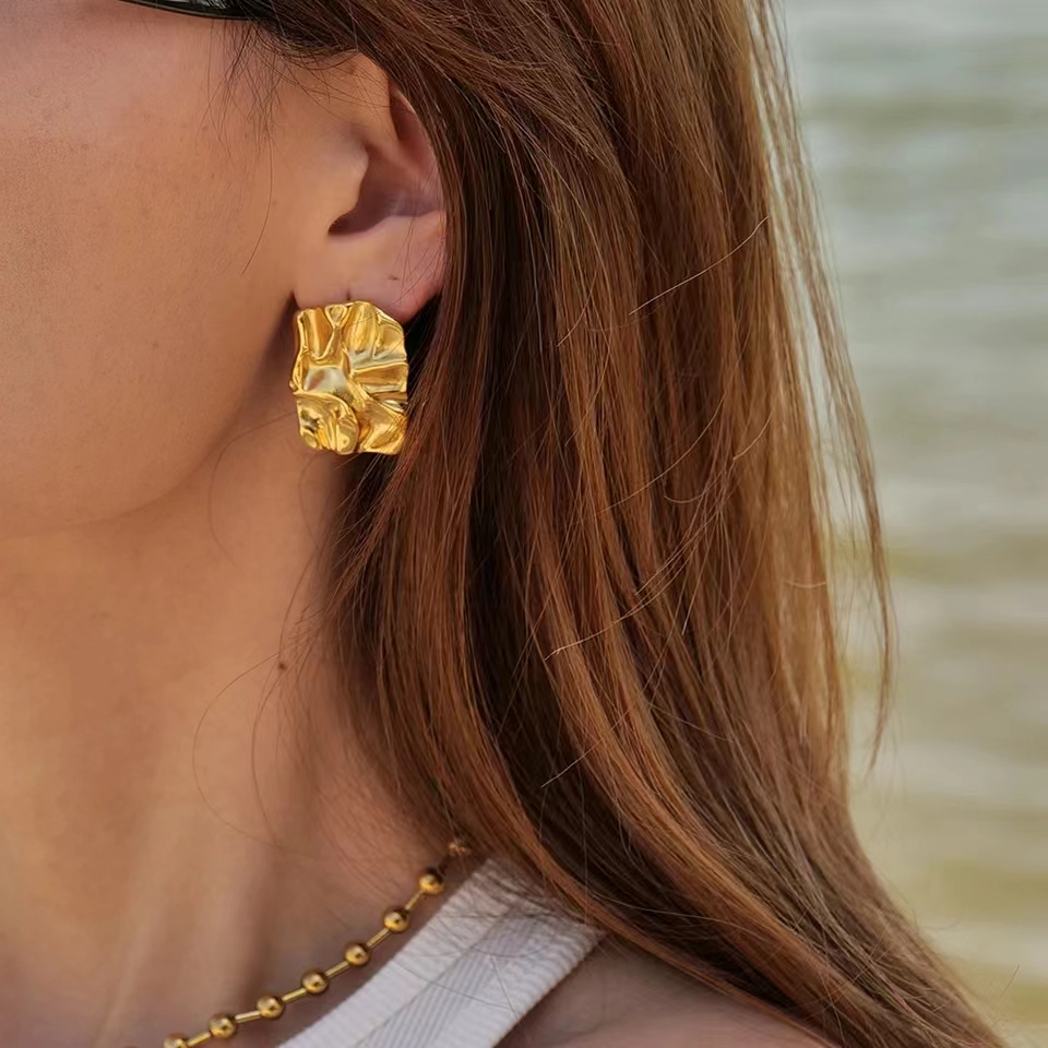 Square Fold Textured Large Stud Earrings Gold Color Fashion Earrings For Women Chic Geometric Temperament Jewelry