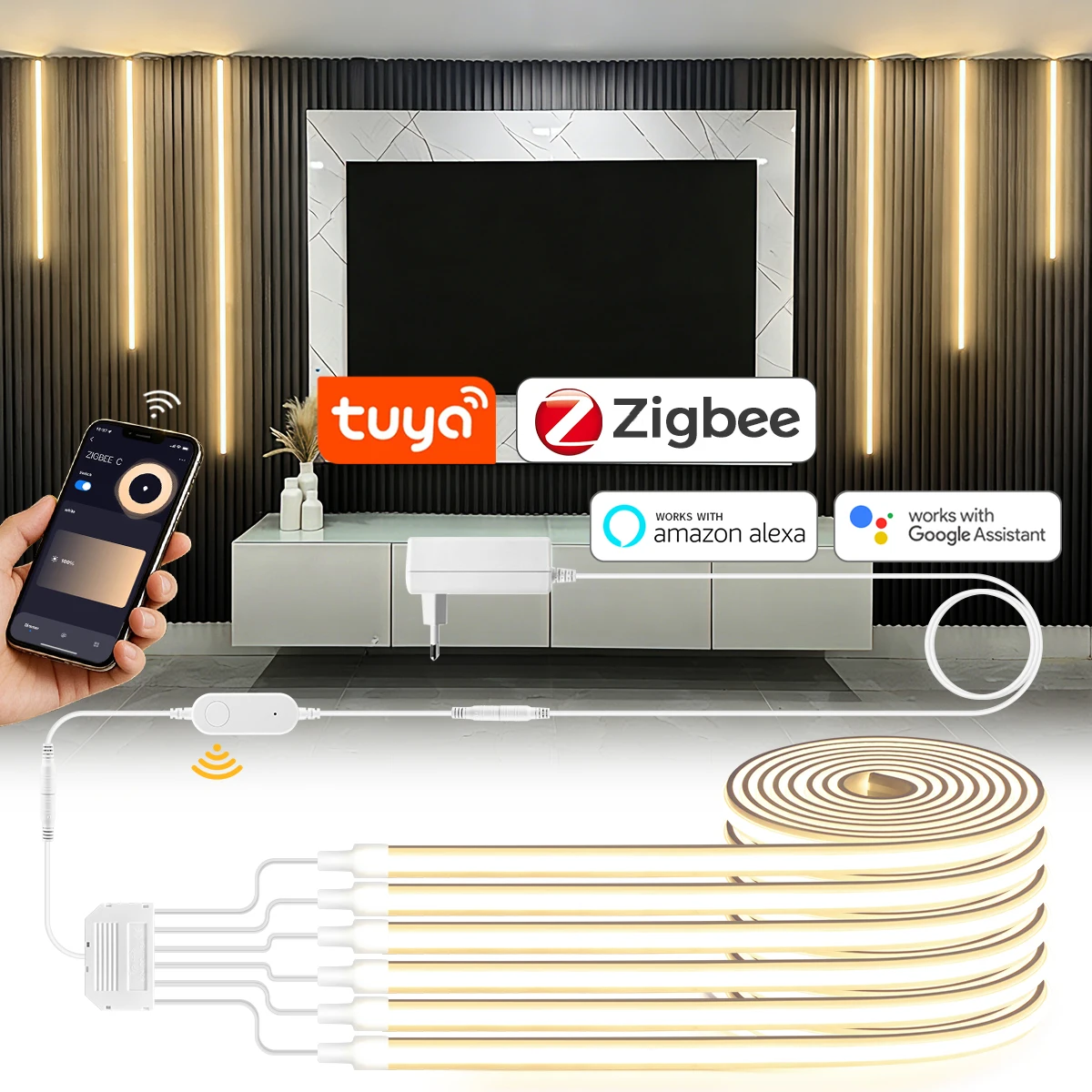1-6PCS Zigbee Smart Neon COB Light Kit Dimmable Silicone LED Strip Support Alexa Assistant for Cabinet Kitchen Wall Decor