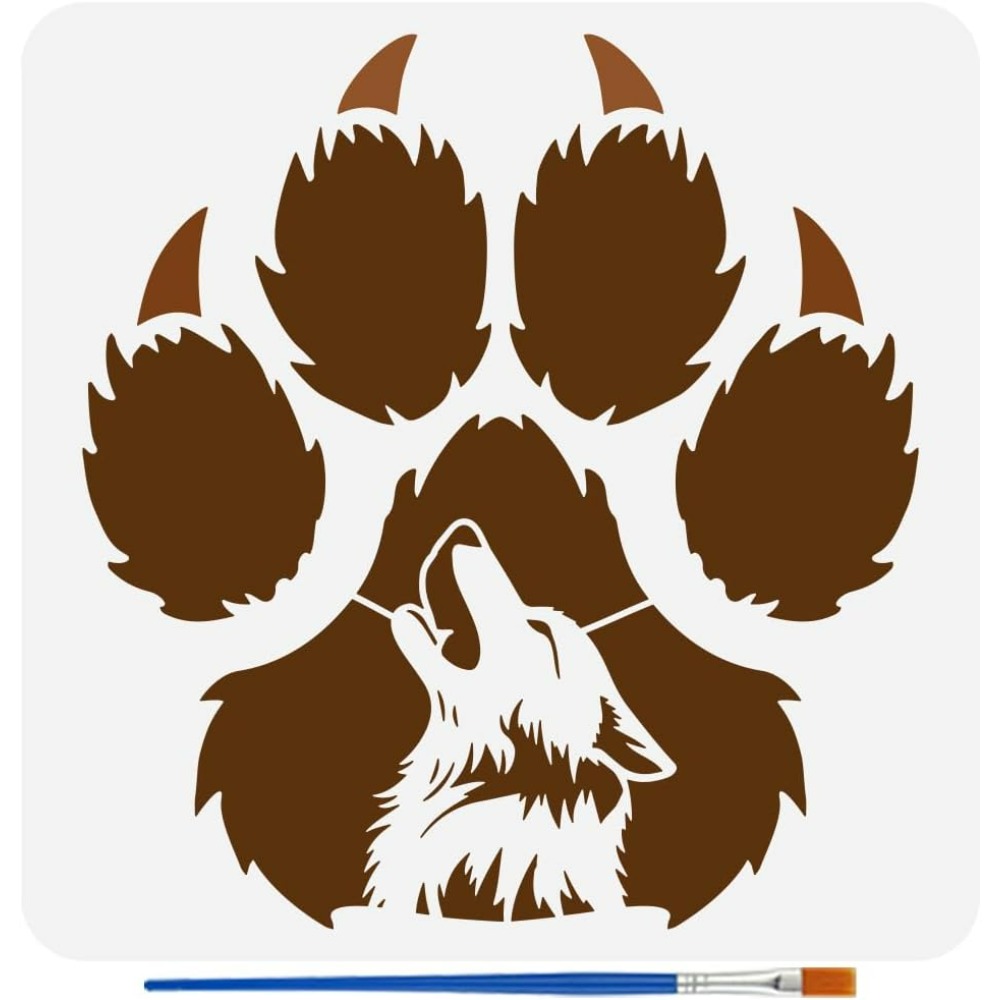 Paw Claw Stencil with 1Pc Plastic Paint Brush 11.8x11.8inch Reusable Wolf Howling Drawing Stencil Animal Theme Template