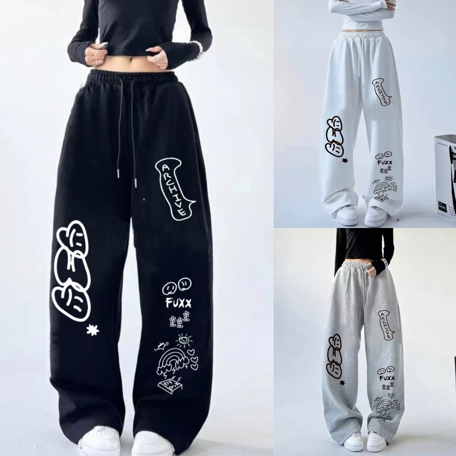 Korean Kawaii Sweet Cute Letter Print Women Pants High Waist Vintage New Drawstring Design Long Trousers Casual All-match Pants